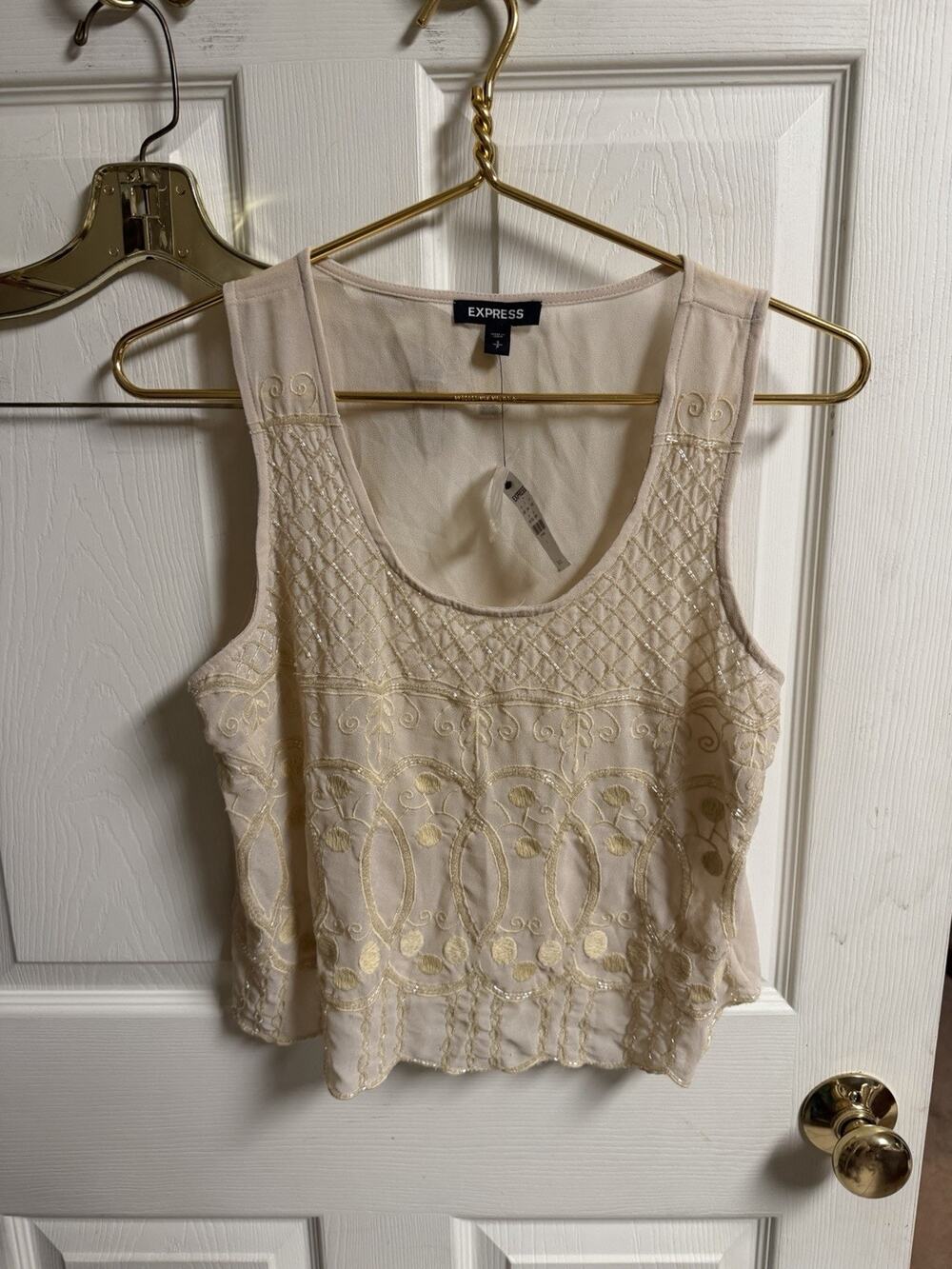 Express Womens Tank Cream Embroidered Beaded Tank Crop Boho Small Petite 36x19